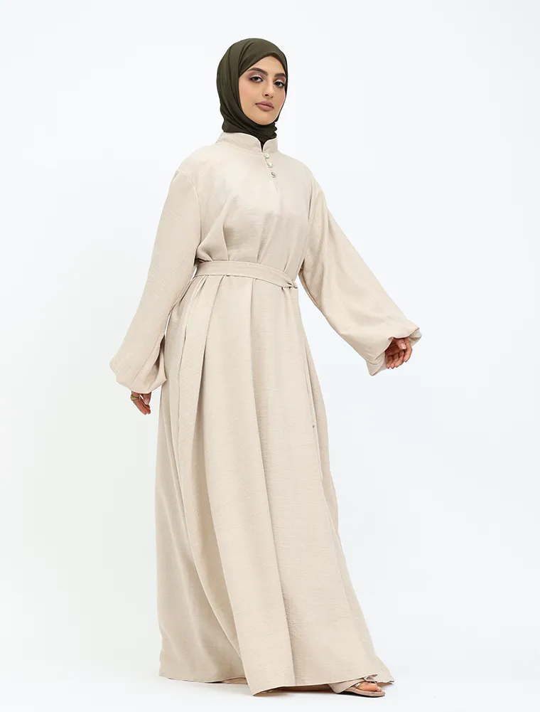 Beige Linen Feel Nehru Collar Maxi